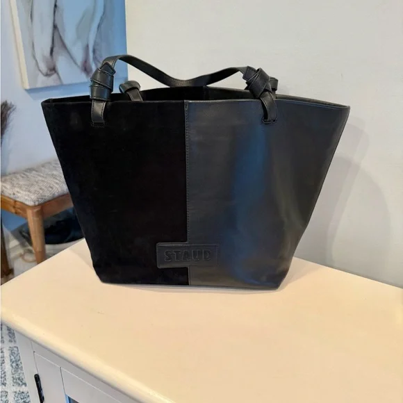 STAUD IDA Tote bag in calf leather and suede black medium large designer classic - Picture 4 of 15